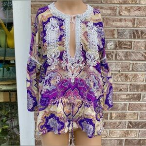 TAJ by Sabrina Crippa Purple/Cream/Off White Beaded Bollywood Boho Blouse